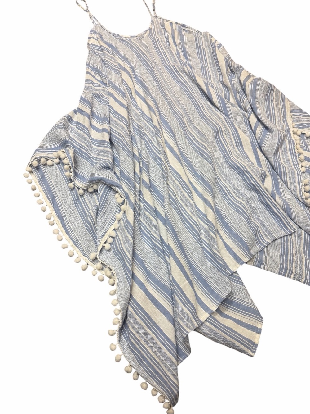 Japna Goa Blue White Striped Pom Pom Handkerchief Hem Beach Cover Up Dress L - Picture 3 of 4